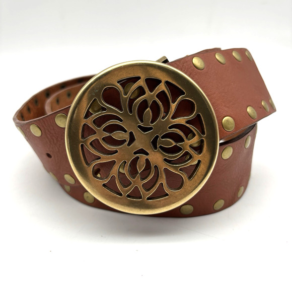 Vintage Y2K Calvin Klein 610664 Brown Studded Leather Brass Medallion Belt L 40\